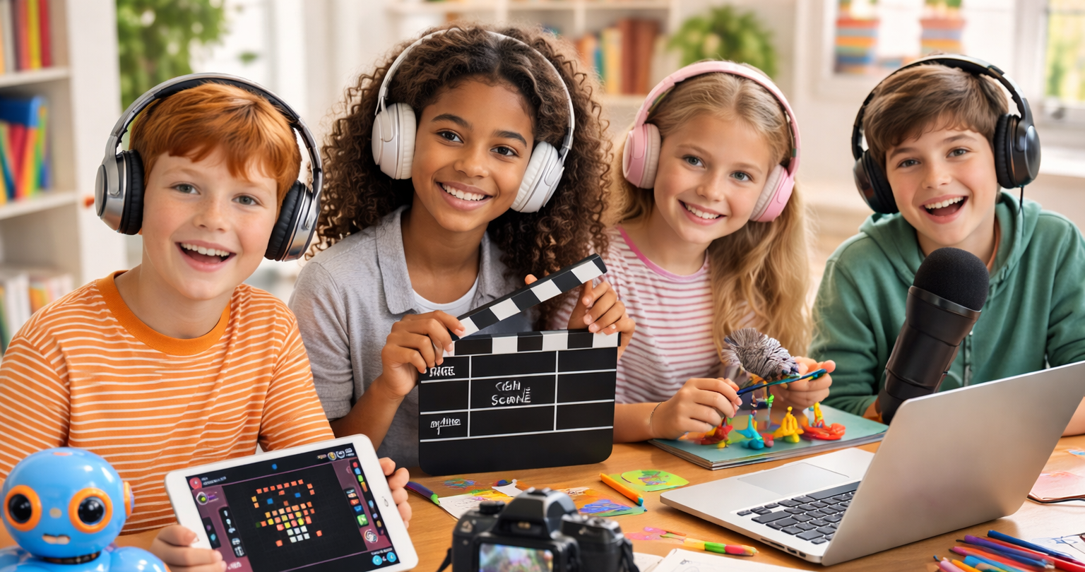 vier kinder, die mit tablets, robotern und laptop arbeiten